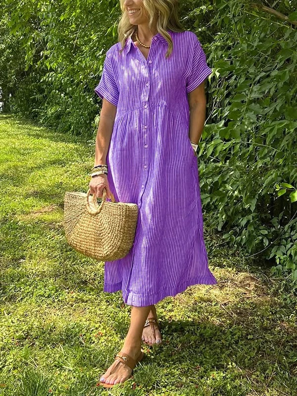 Brooke | Striped Button Up Collared Short Sleeve Casual Summer Midi Dress