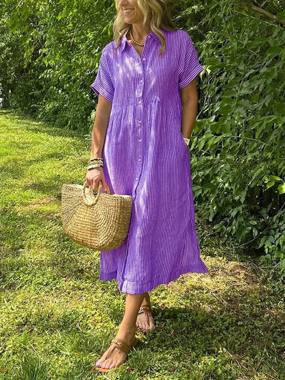 Brooke | Striped Button Up Collared Short Sleeve Casual Summer Midi Dress