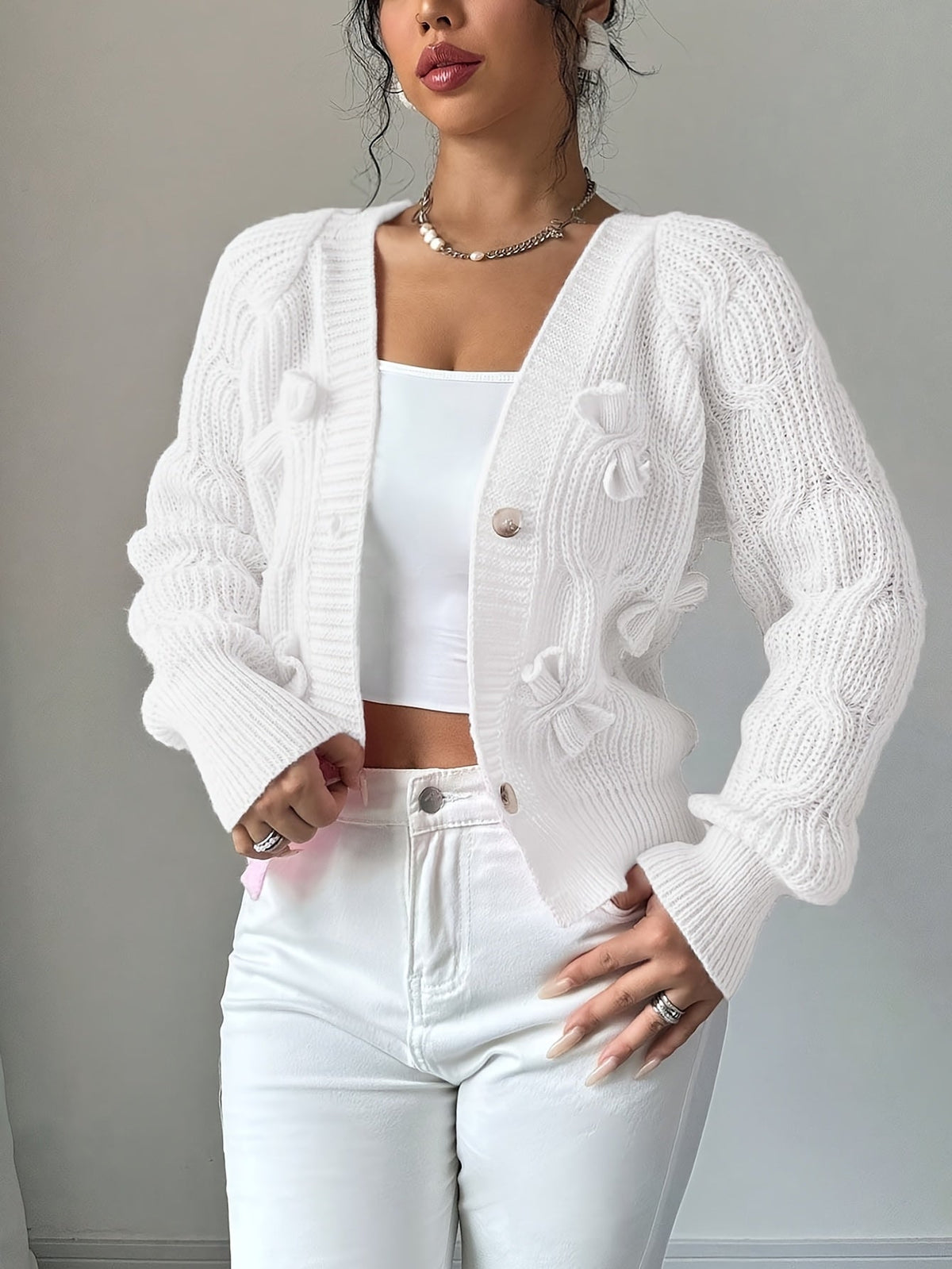 Rosalind | Women's Bow-Detail Cable Knit V-Neck Button-Front Cardigan