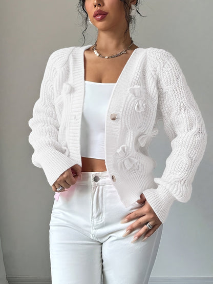 Rosalind | Women's Bow-Detail Cable Knit V-Neck Button-Front Cardigan