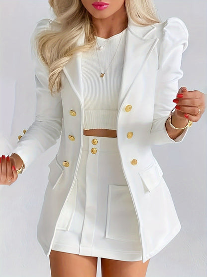 Elodie | Women's Tailored Puff Sleeve Double Breasted Blazer Skirt Set