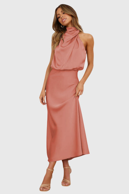 Ava | Draped High Neck Halter Sleeveless Satin Elegant Maxi Dress