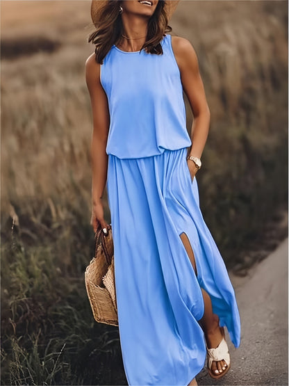 Tessa | Round Neck Sleeveless Blouson Elastic Waist Side Slit Casual Maxi Dress