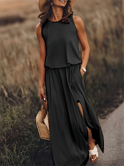 Tessa | Round Neck Sleeveless Blouson Elastic Waist Side Slit Casual Maxi Dress