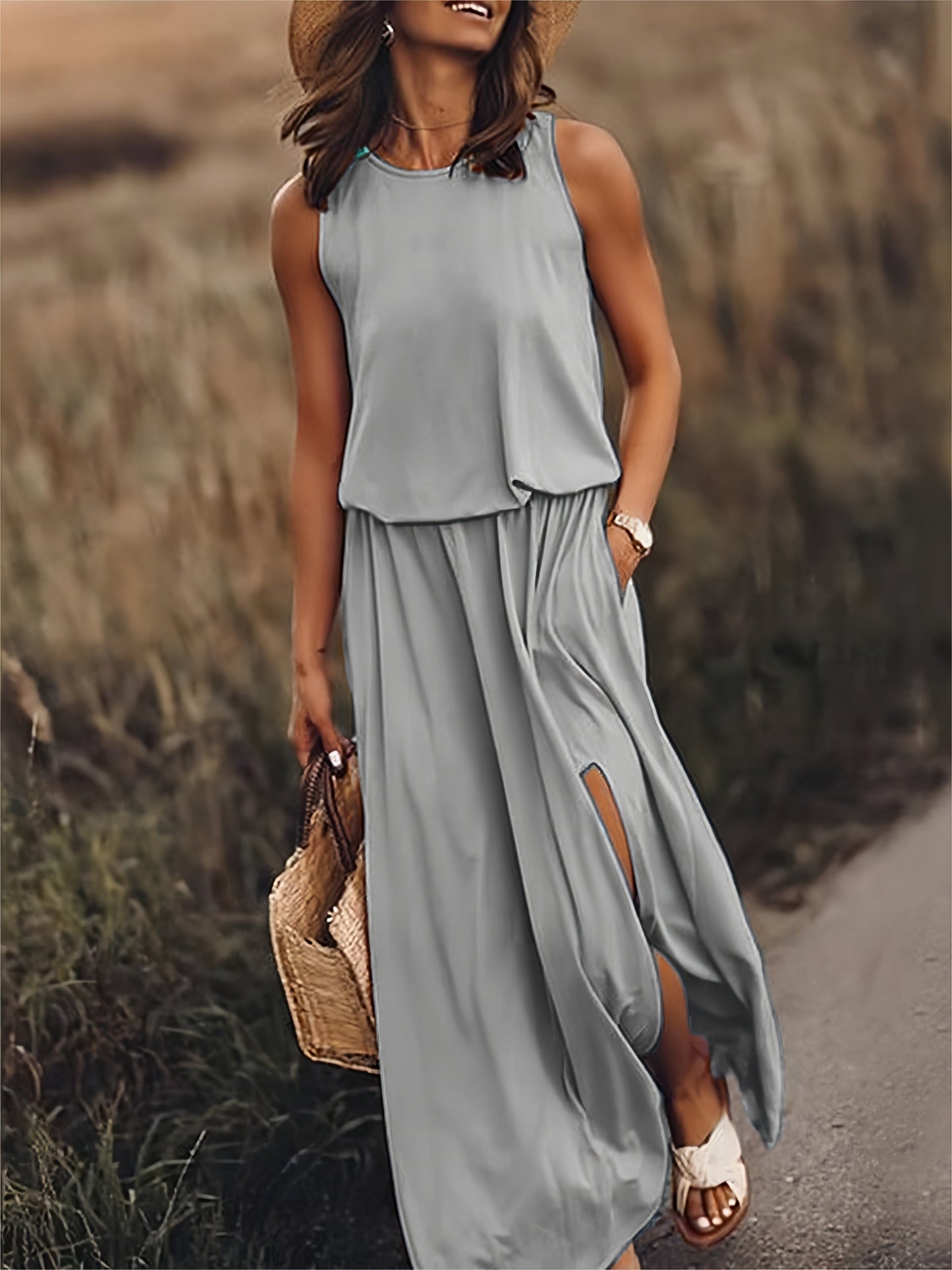 Tessa | Round Neck Sleeveless Blouson Elastic Waist Side Slit Casual Maxi Dress