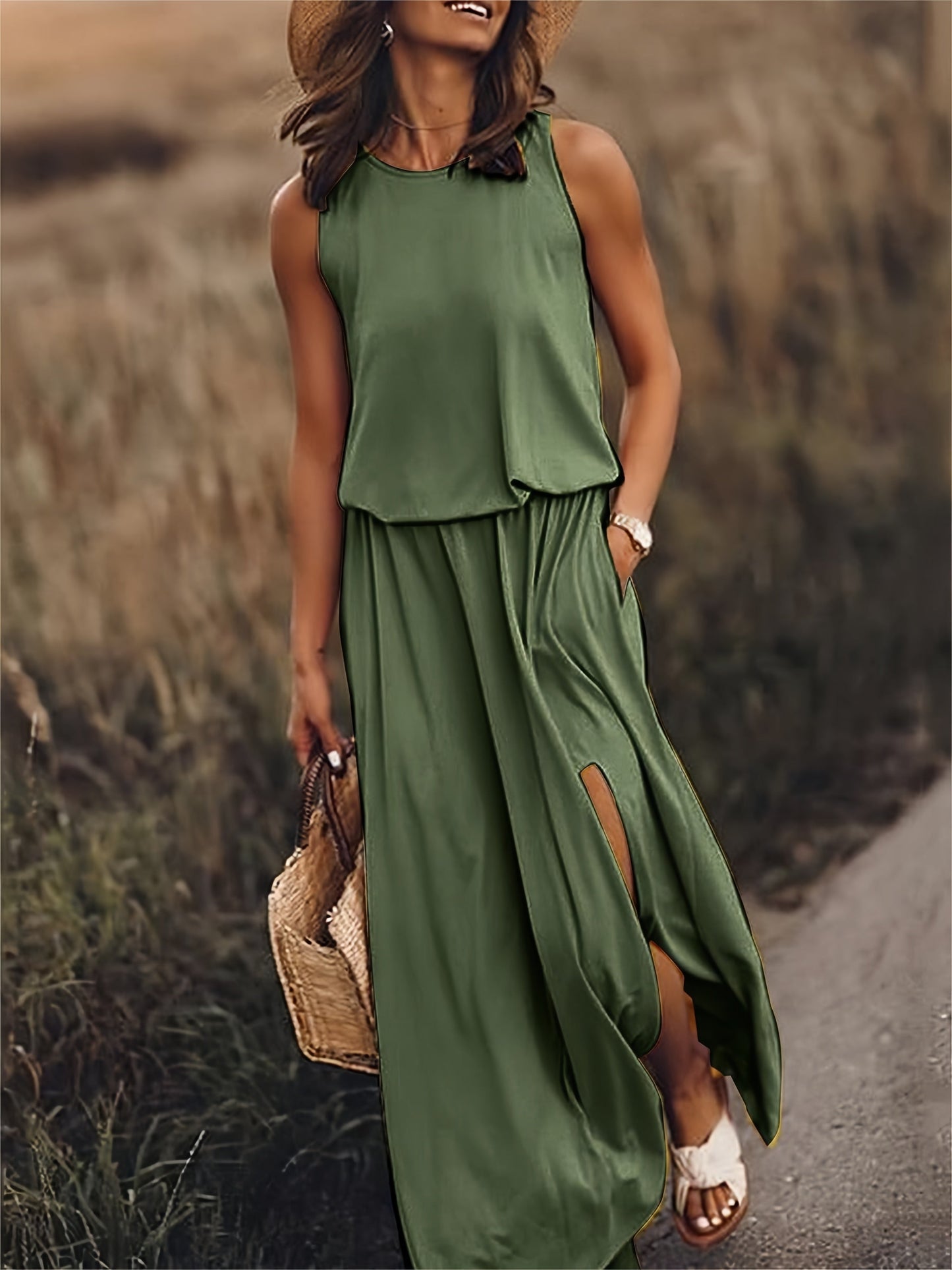 Tessa | Round Neck Sleeveless Blouson Elastic Waist Side Slit Casual Maxi Dress