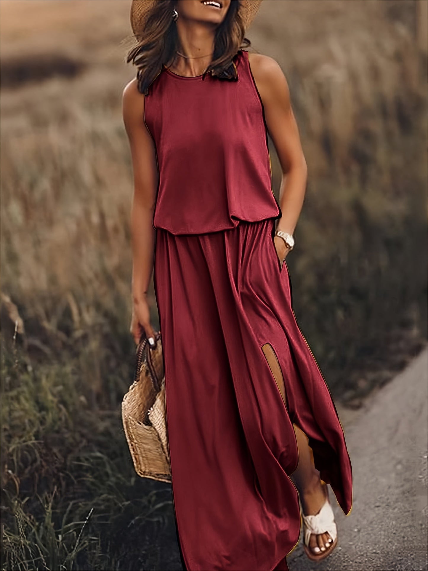 Tessa | Round Neck Sleeveless Blouson Elastic Waist Side Slit Casual Maxi Dress