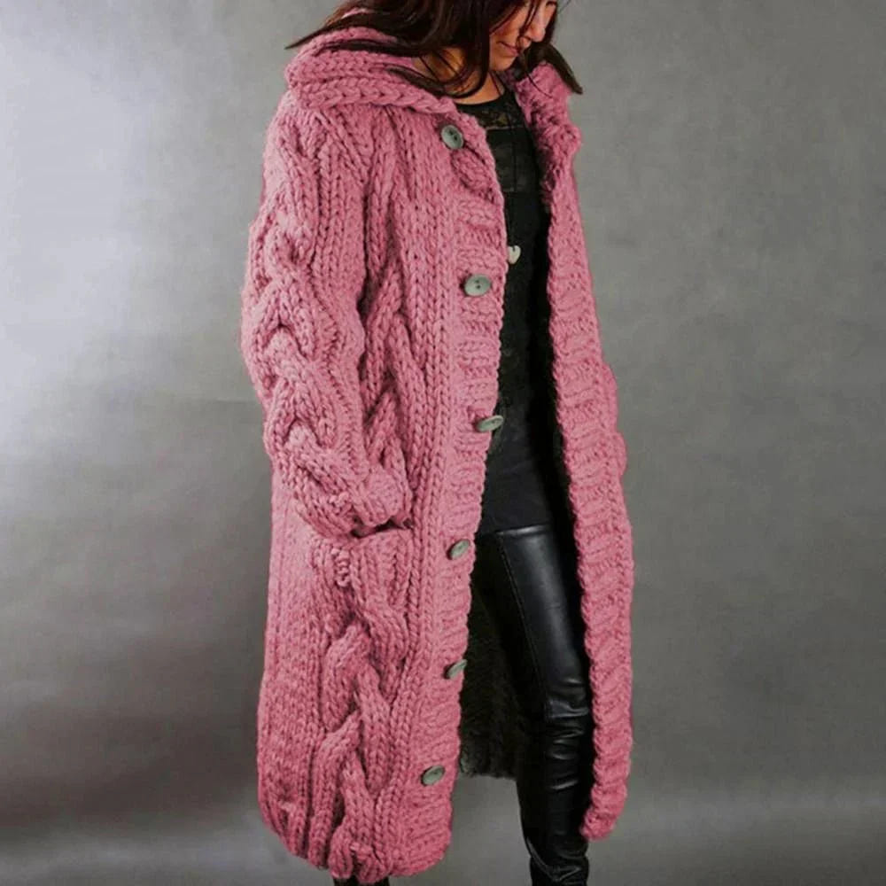 Marisen | Women's Chunky Knit Hooded Long Button Cardigan