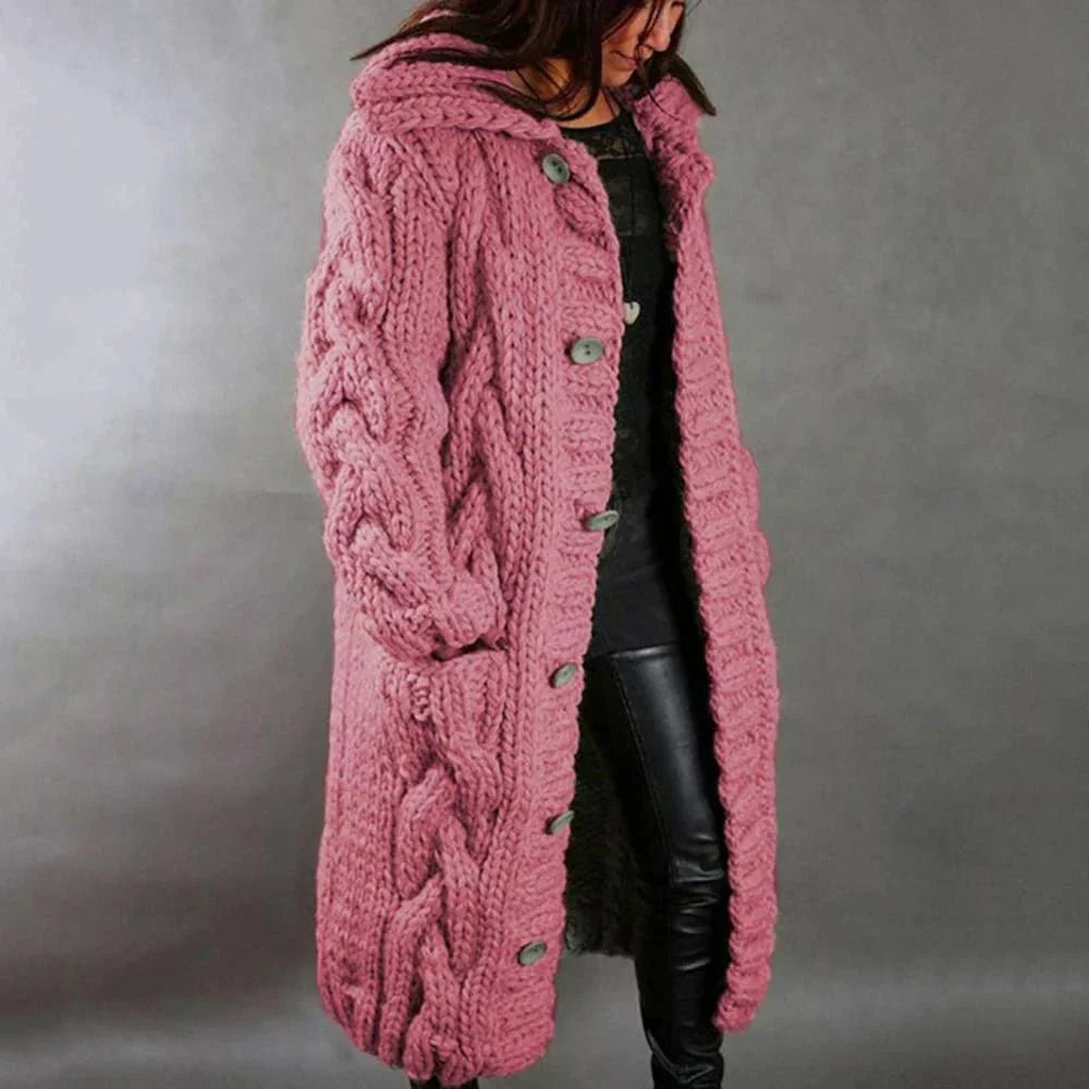 Marisen | Women's Chunky Knit Hooded Long Button Cardigan