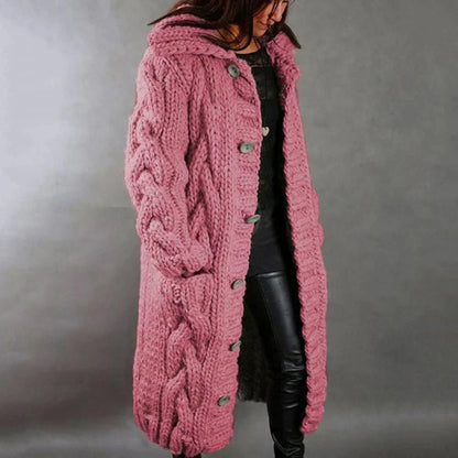Marisen | Women's Chunky Knit Hooded Long Button Cardigan