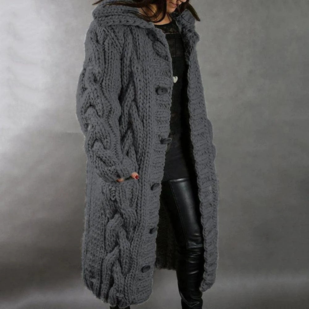 Marisen | Women's Chunky Knit Hooded Long Button Cardigan