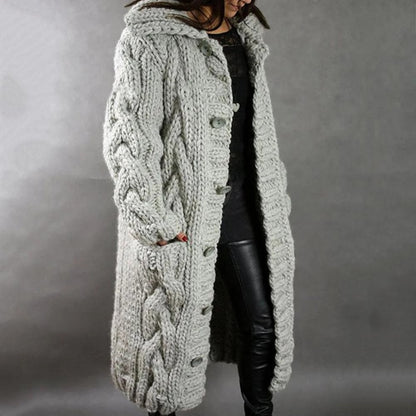 Marisen | Women's Chunky Knit Hooded Long Button Cardigan