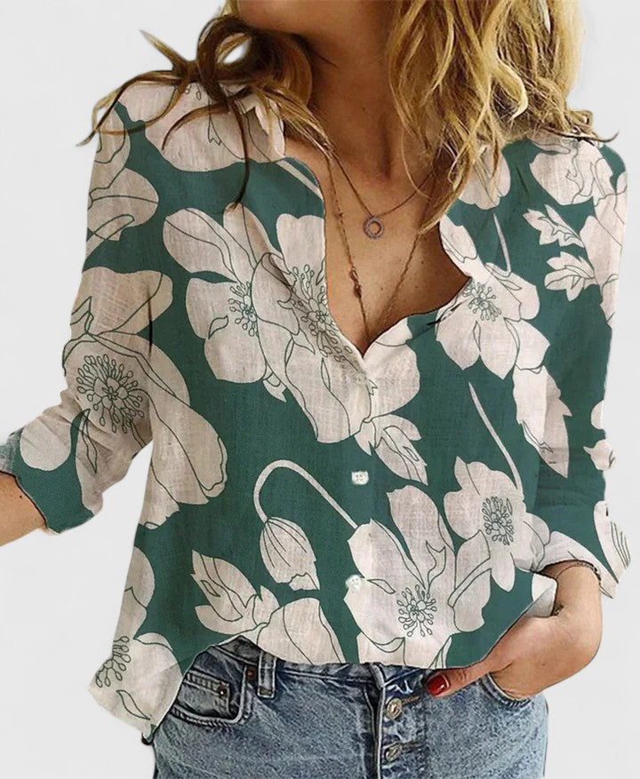 Elena | Lapel Collar Button Down Long Sleeve Relaxed Linen Blouse