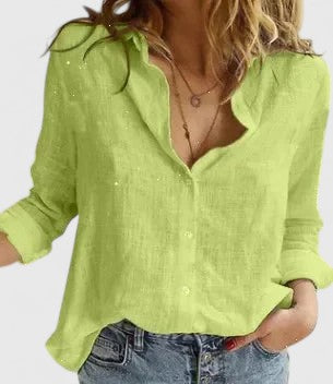 Elena | Lapel Collar Button Down Long Sleeve Relaxed Linen Blouse