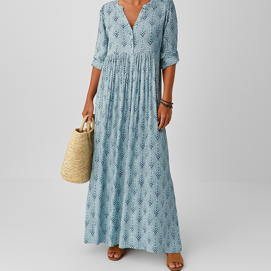Sage | Boho Print V Neck Roll Up Sleeve Tiered Loose Maxi Dress