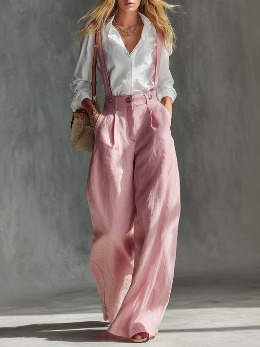Gwendolyn | Pleated High Waist Wide Leg Suspender Linen Blend Overall