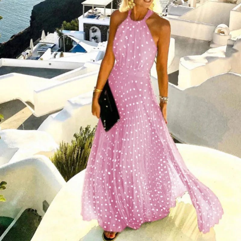 Mia | Polka Dot Halter Neck Backless Pleated Boho Maxi Dress