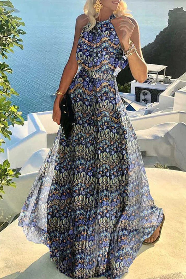 Mia | Polka Dot Halter Neck Backless Pleated Boho Maxi Dress