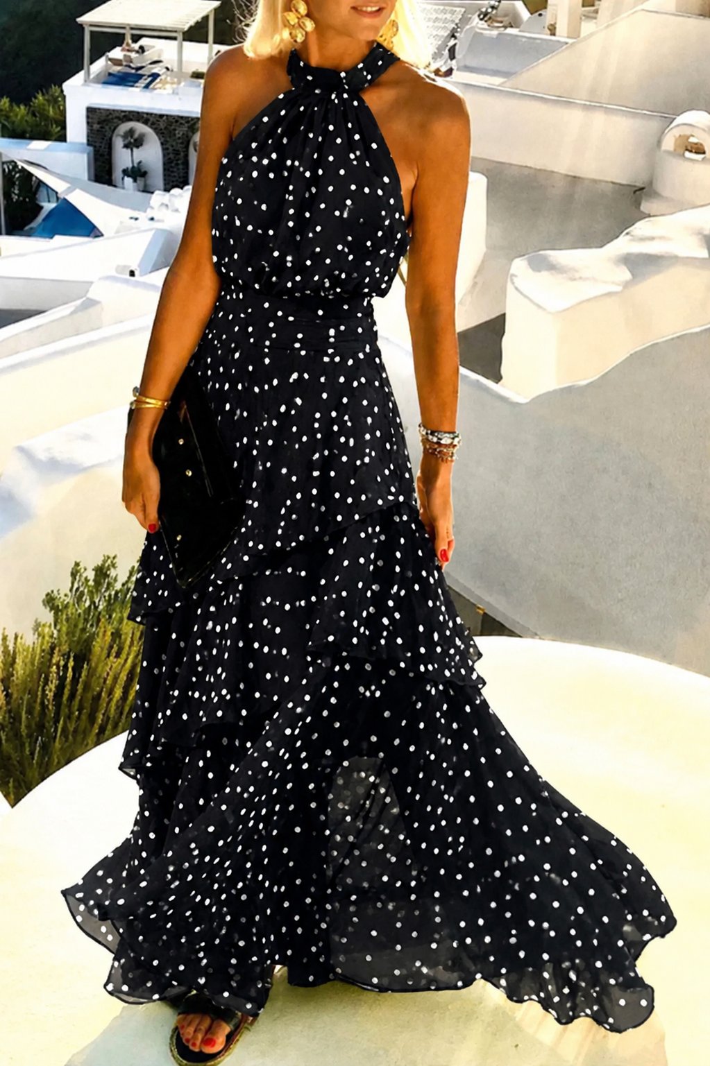 Mia | Polka Dot Halter Neck Backless Pleated Boho Maxi Dress