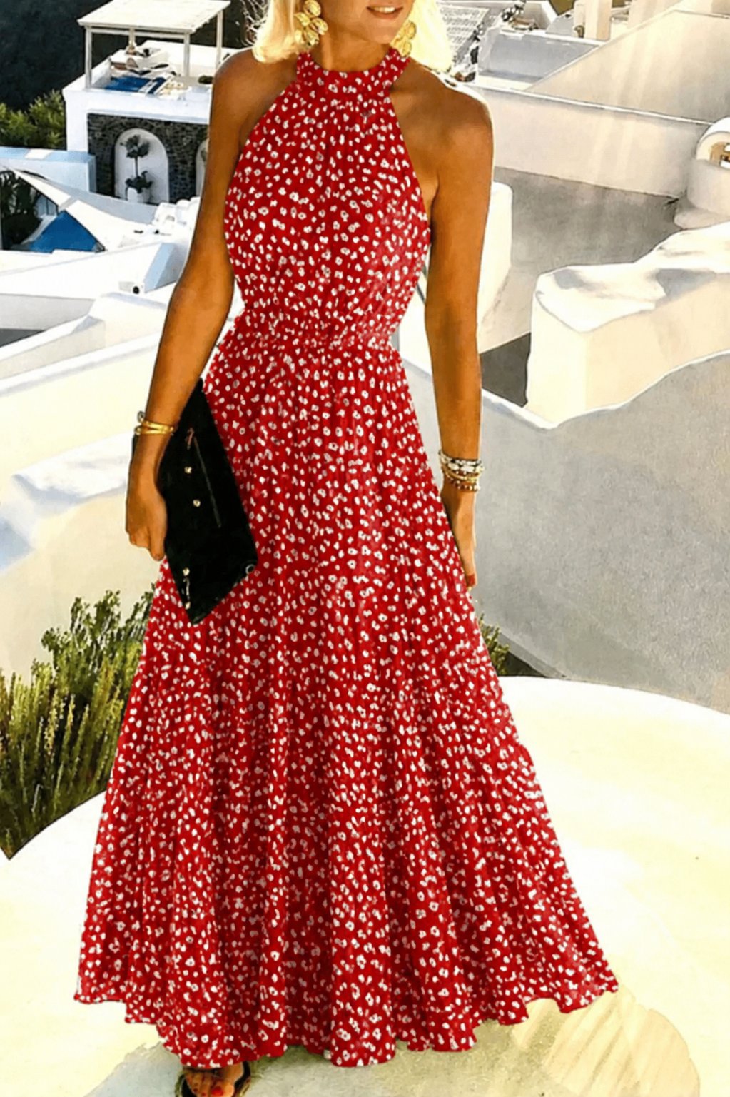 Mia | Polka Dot Halter Neck Backless Pleated Boho Maxi Dress