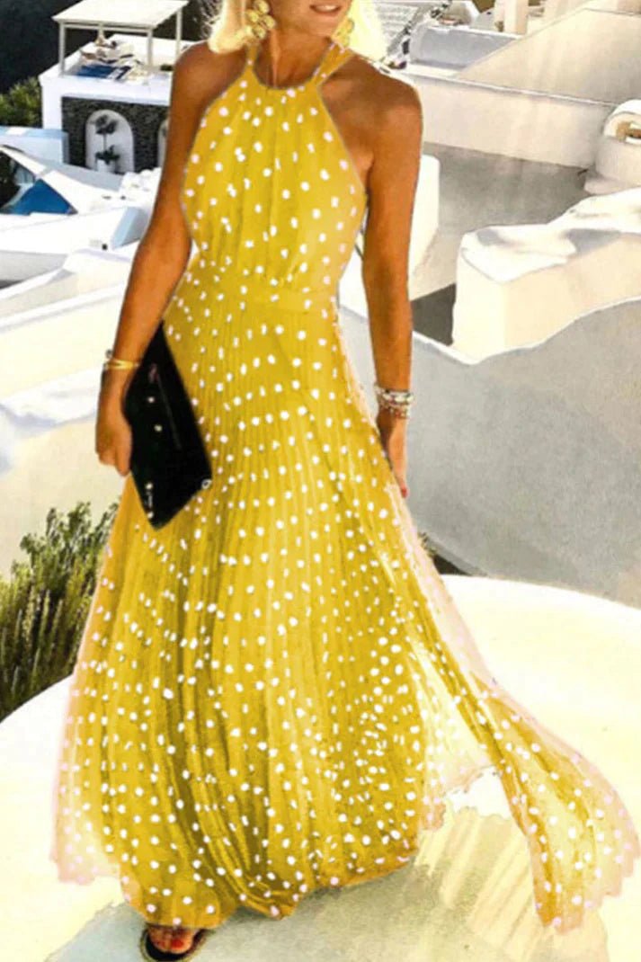 Mia | Polka Dot Halter Neck Backless Pleated Boho Maxi Dress