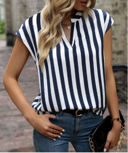 Hazel | Striped V Neck Sleeveless Relaxed Casual Blouse