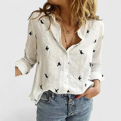 Elena | Lapel Collar Button Down Long Sleeve Relaxed Linen Blouse