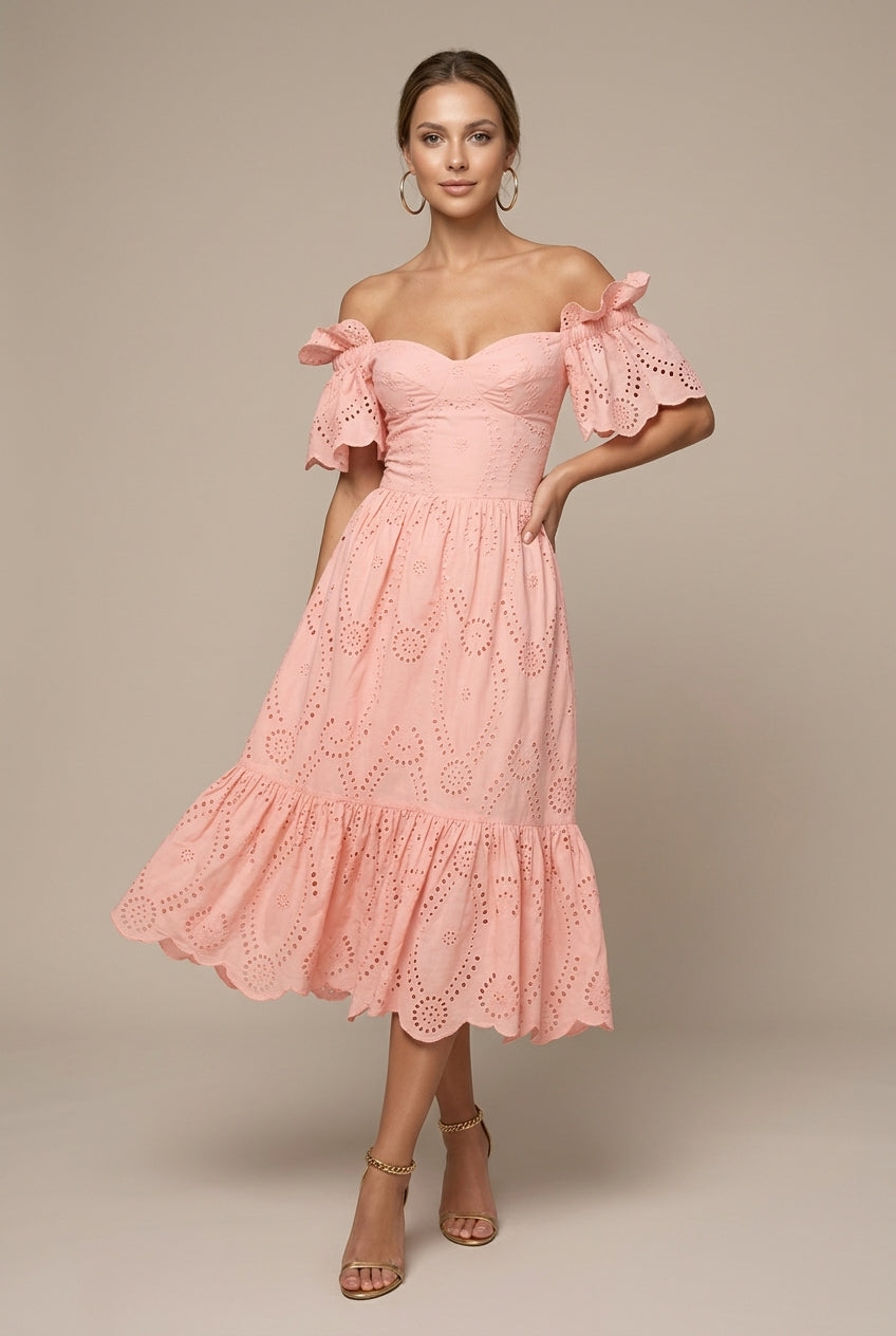 Lily | Eyelet Off Shoulder Ruffle Sleeve Midi Wedding Guest Dress