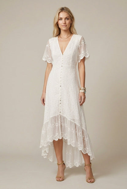 Clara | Lace V Neck Short Sleeve Button Front Maxi Dress