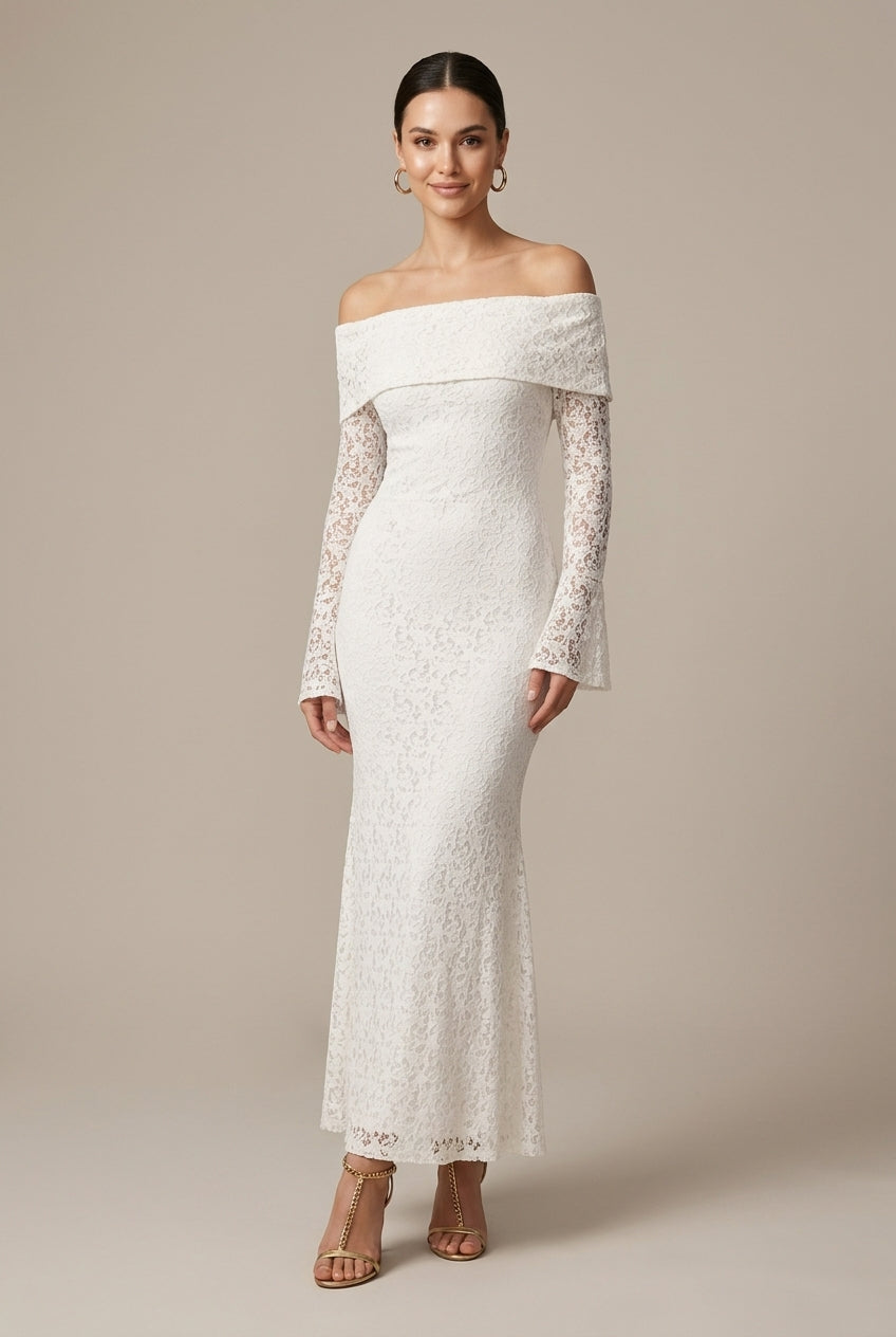 Luna | Lace Off Shoulder Bell Sleeve Maxi Wedding Guest Dress