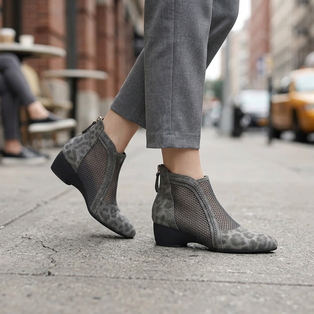 Marlowna | Women's Leopard Print Mesh Panel Block Heel Ankle Boot