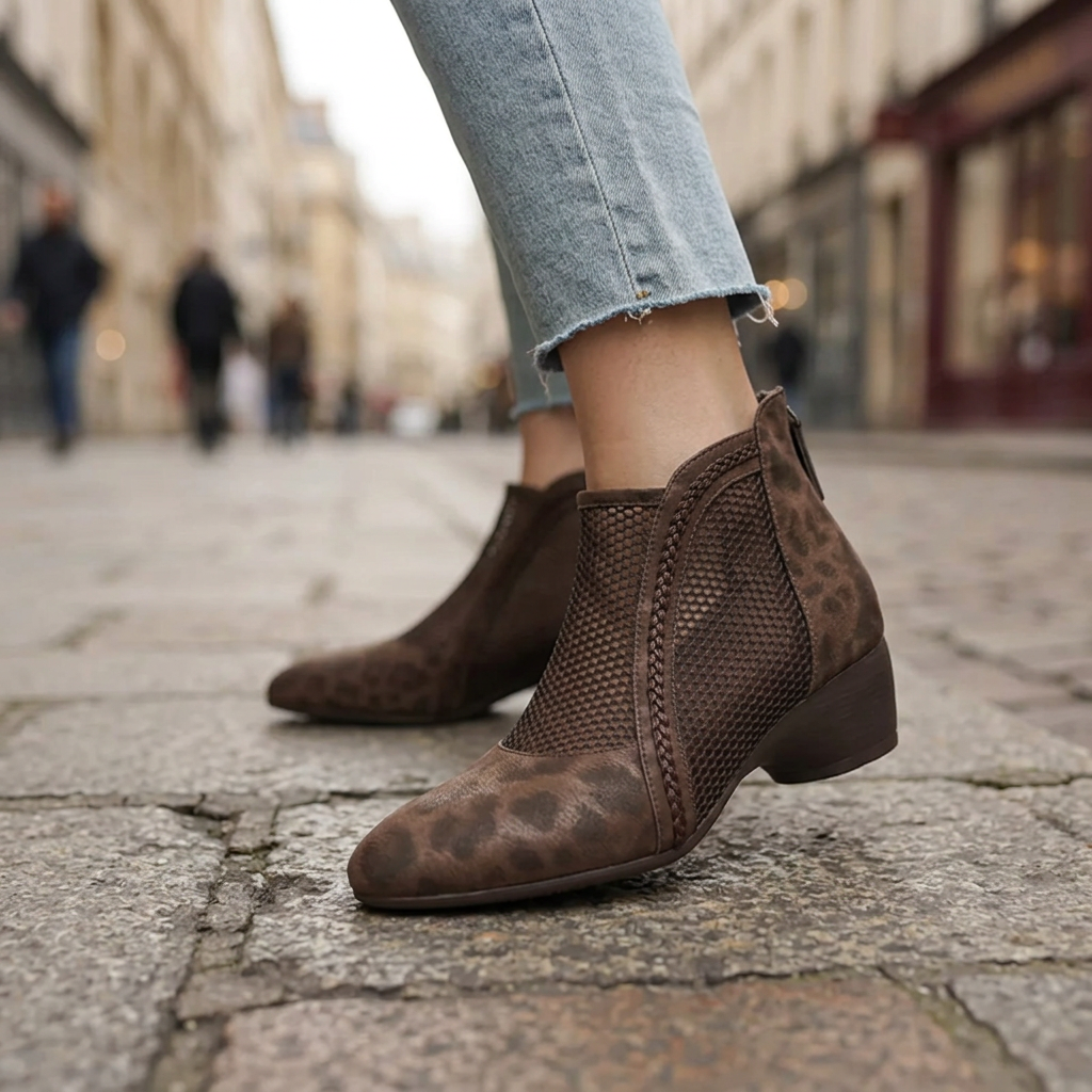 Marlowna | Women's Leopard Print Mesh Panel Block Heel Ankle Boot