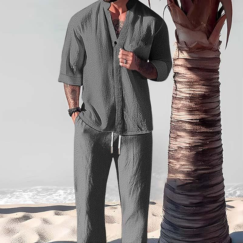 Dorian | V Neck 3/4 Sleeve Drawstring Pants Linen Blend Two Piece Set