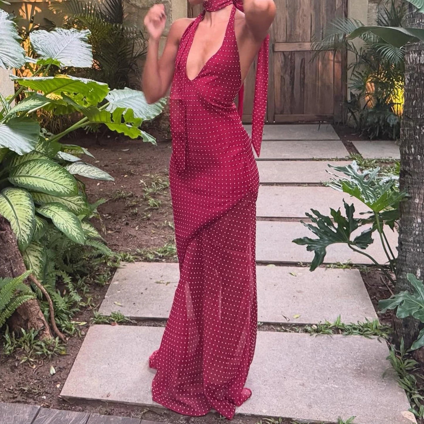 Kaia | Halter Neck Deep V Mesh Bodycon Sheer Flare Hem Maxi Dress