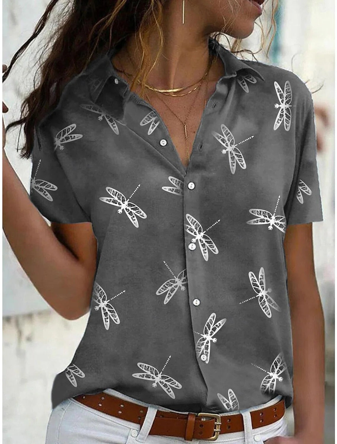 Daisy | Printed Lapel Collar Short Sleeve Relaxed Casual Blouse
