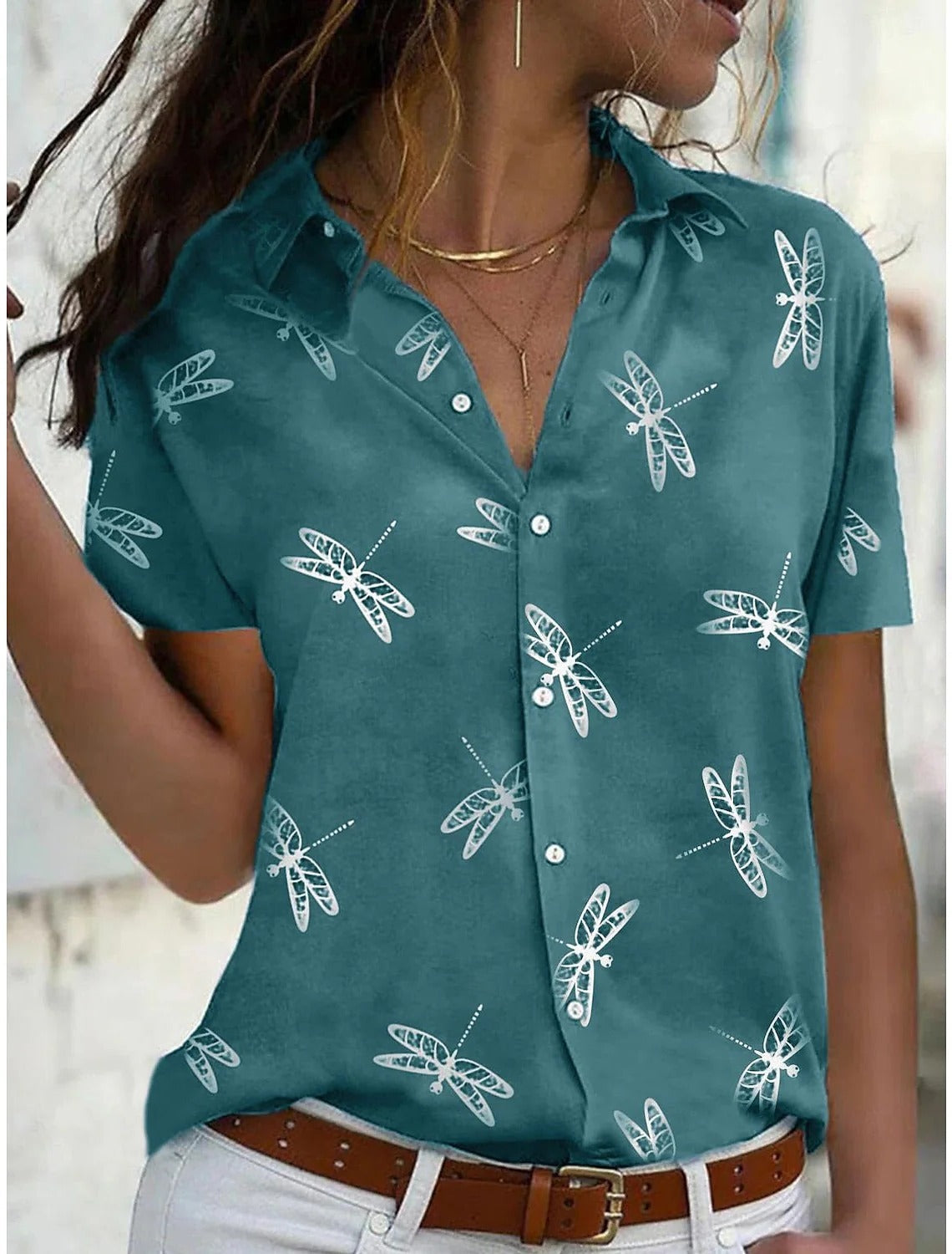 Daisy | Printed Lapel Collar Short Sleeve Relaxed Casual Blouse