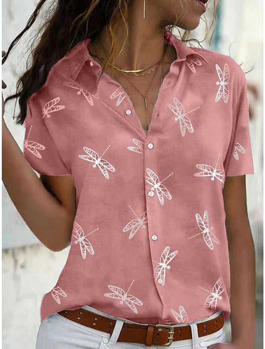 Daisy | Printed Lapel Collar Short Sleeve Relaxed Casual Blouse