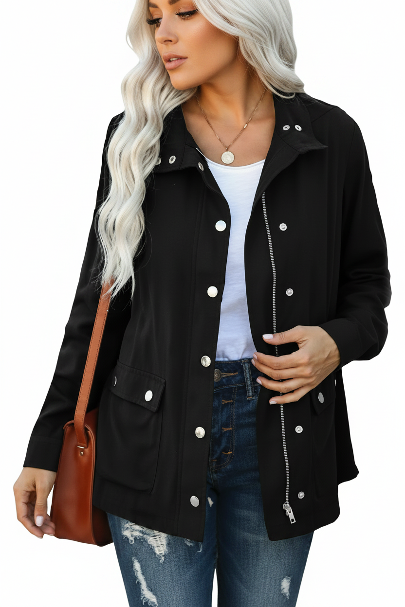 Harlowen | Women's Snap Button Zip Up Drawstring Utility Jacket