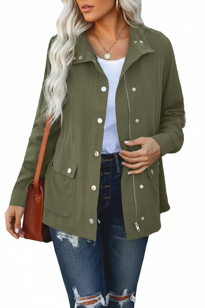 Harlowen | Women's Snap Button Zip Up Drawstring Utility Jacket
