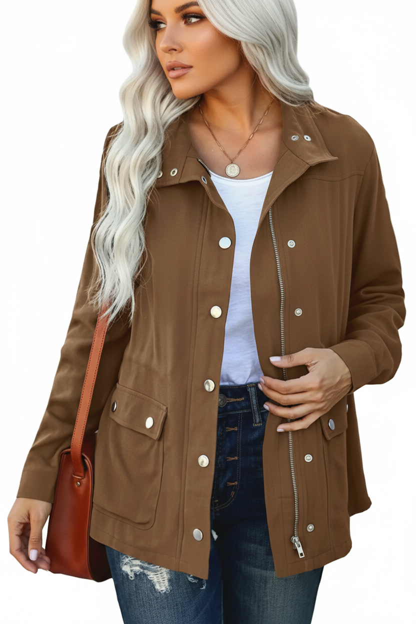 Harlowen | Women's Snap Button Zip Up Drawstring Utility Jacket