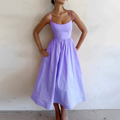 Alina | Spaghetti Strap Fitted Bodice A-Line Midi Elegant Summer Dress