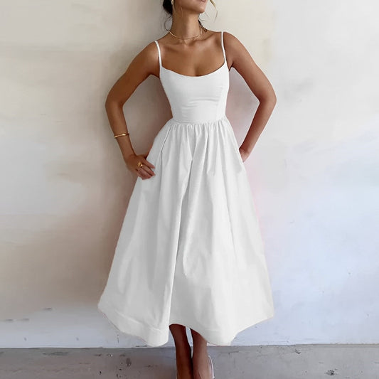 Alina | Spaghetti Strap Fitted Bodice A-Line Midi Elegant Summer Dress