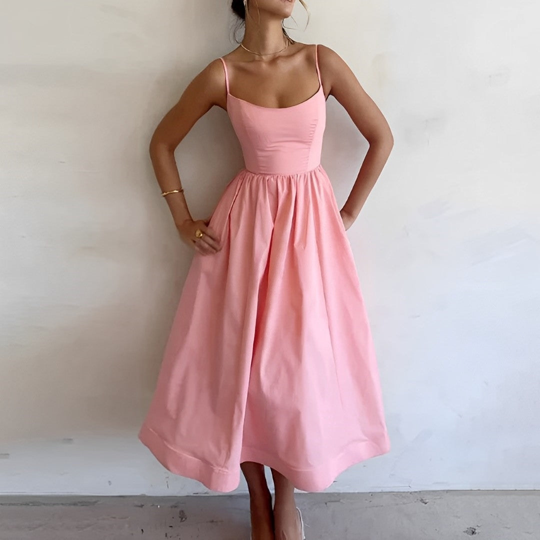 Alina | Spaghetti Strap Fitted Bodice A-Line Midi Elegant Summer Dress