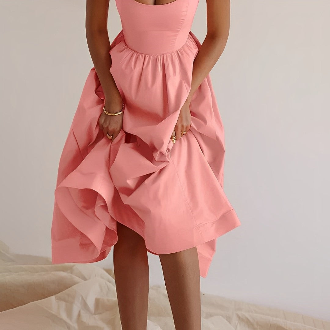 Alina | Spaghetti Strap Fitted Bodice A-Line Midi Elegant Summer Dress