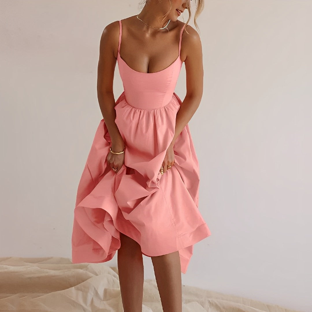 Alina | Spaghetti Strap Fitted Bodice A-Line Midi Elegant Summer Dress