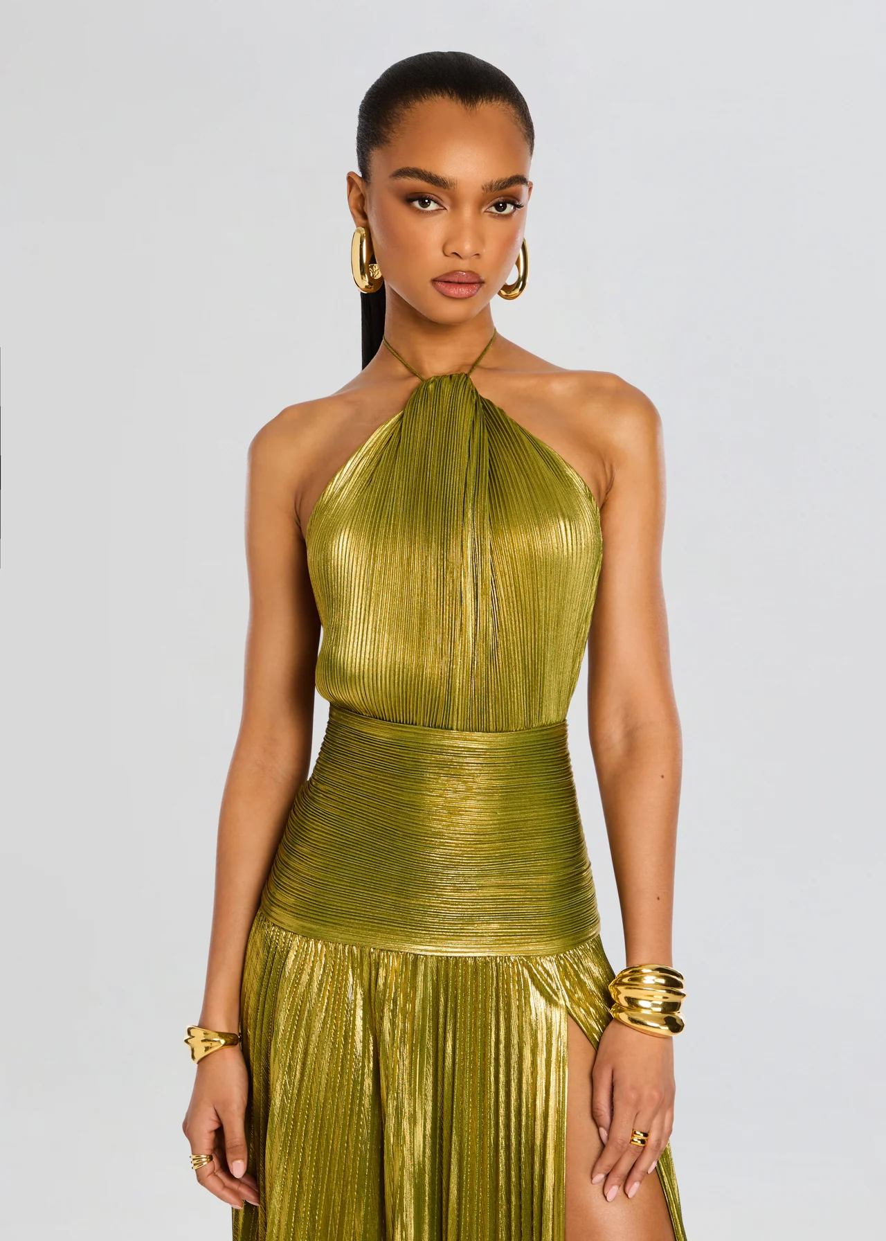 Alana | Pleated Halter Neck High Slit Maxi Formal Wedding Guest Dress