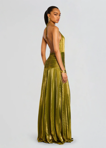 Alana | Pleated Halter Neck High Slit Maxi Formal Wedding Guest Dress