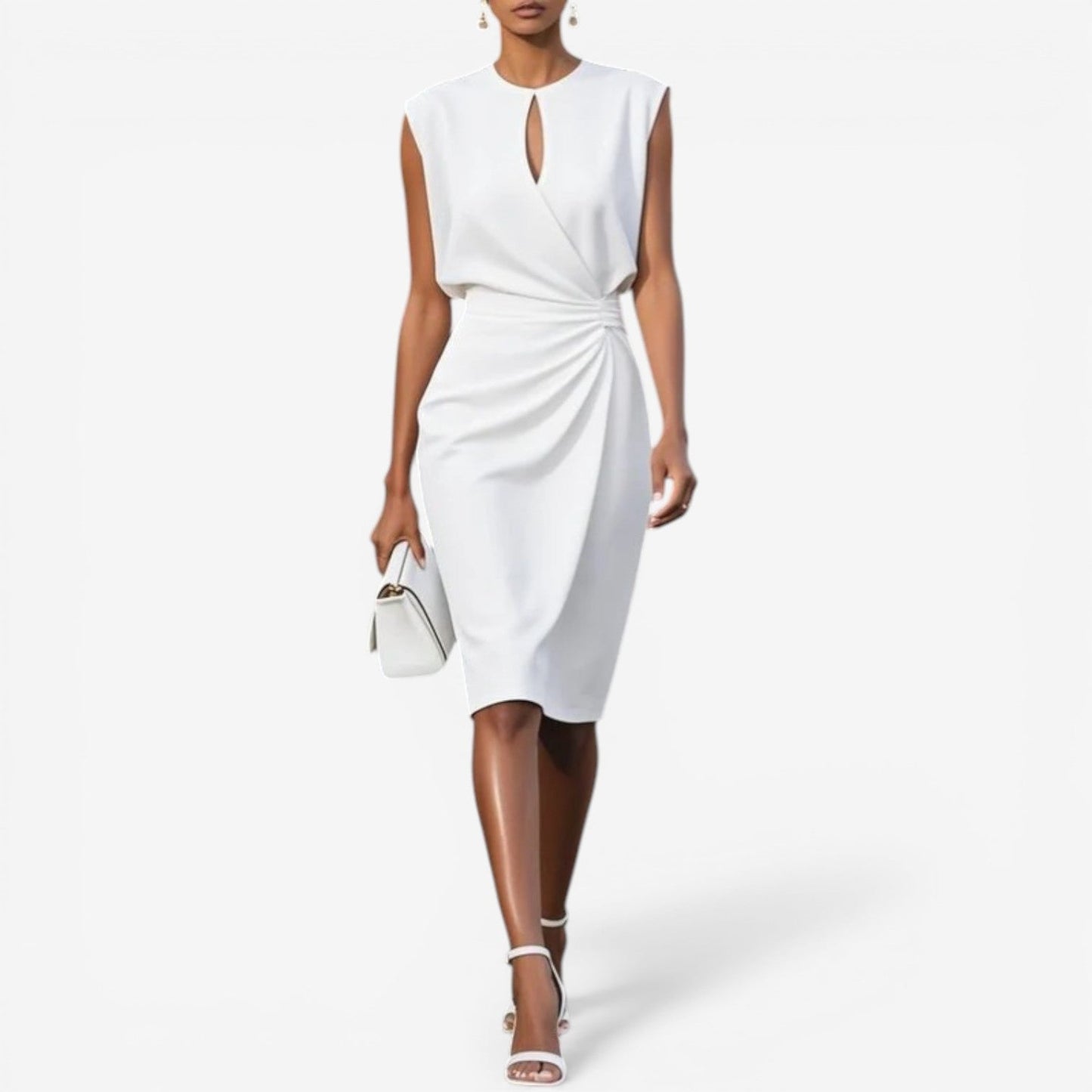 Lisandrah | Keyhole Cutout Sleeveless Ruched Waist Asymmetric Elegant Midi Dress
