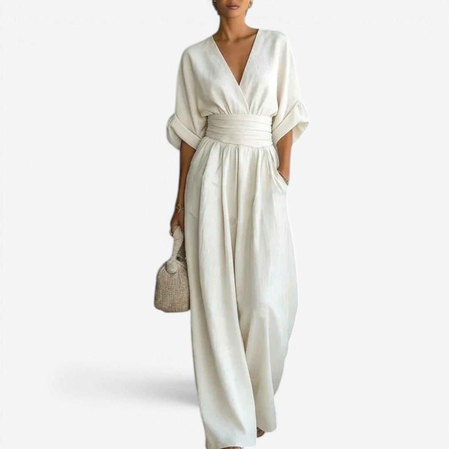 Layla | Women's Elegant V Neck Wide Sleeve Cinched Waist Wide Leg Jumpsuit