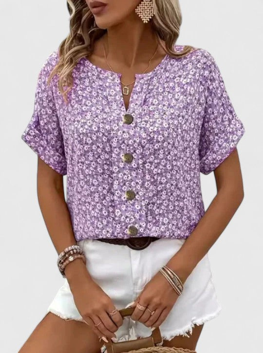 Sabine | Ditsy Floral Notch Neck Button Front Short Sleeve Casual Top